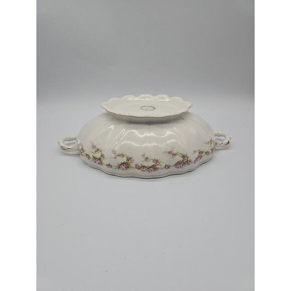 Vintage Dresden Semi Porcelain Two Handle Serving Bowl Rosesand Gold Trimmed - Picture 10 of 12